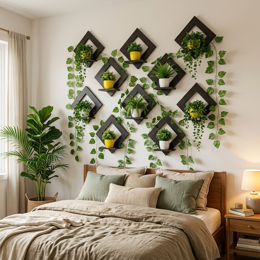 Modern Geometric Diamond Floating Wall Shelves (Set of 8) – Decorative Plant Rack & Display Stand