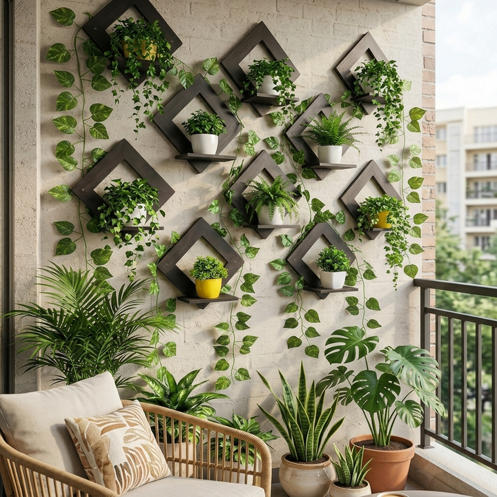 Modern Geometric Diamond Floating Wall Shelves (Set of 8) – Decorative Plant Rack & Display Stand