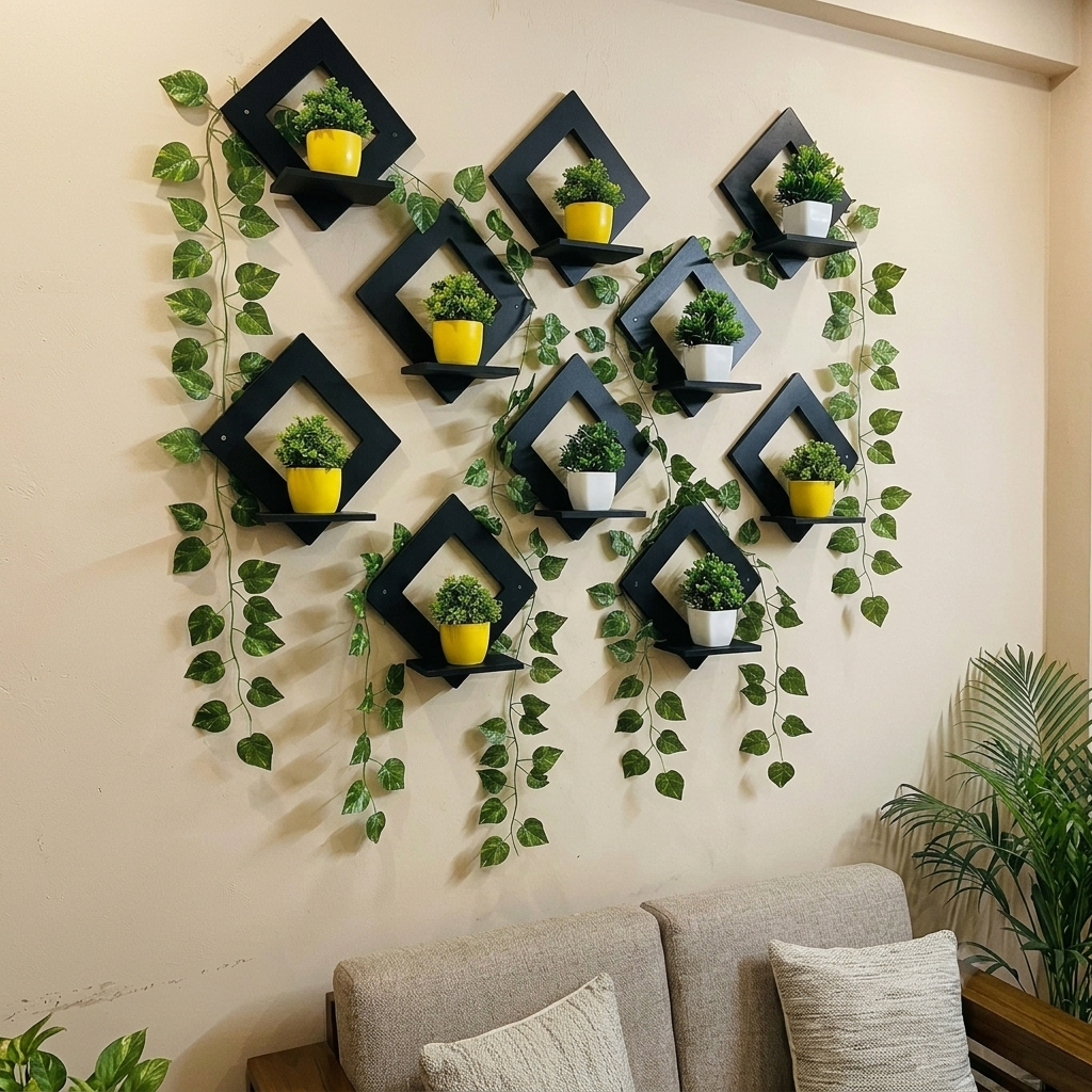 Modern Geometric Diamond Floating Wall Shelves (Set of 8) – Decorative Plant Rack & Display Stand