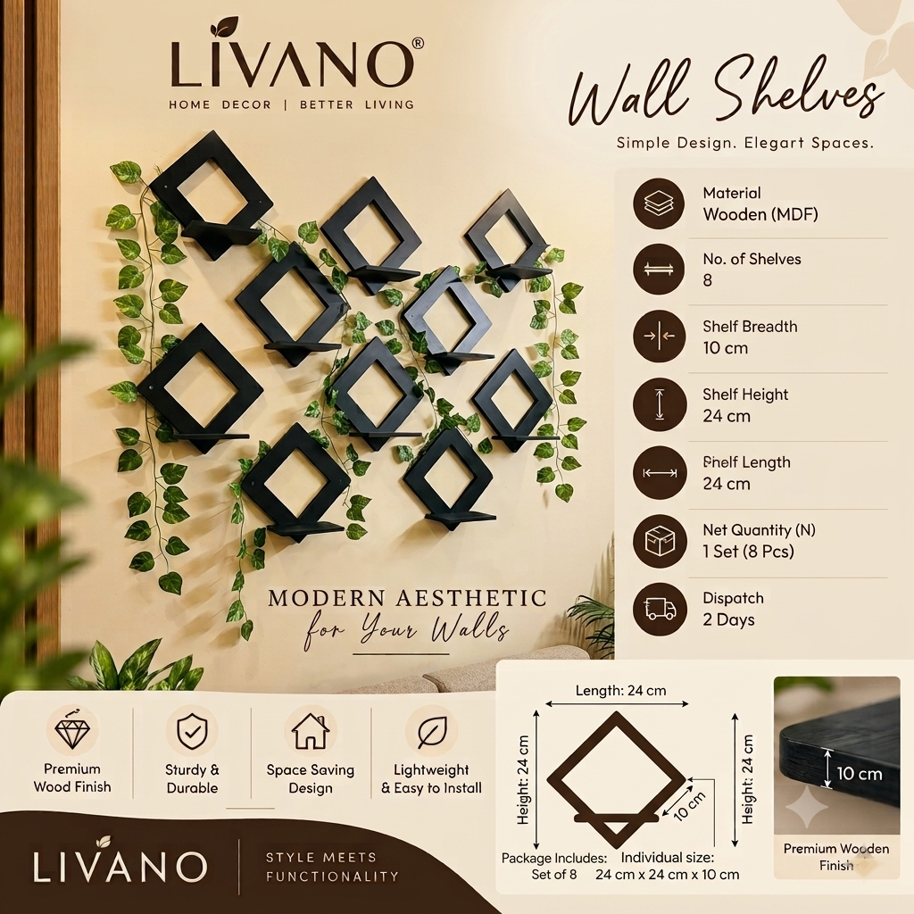 Modern Geometric Diamond Floating Wall Shelves (Set of 8) – Decorative Plant Rack & Display Stand