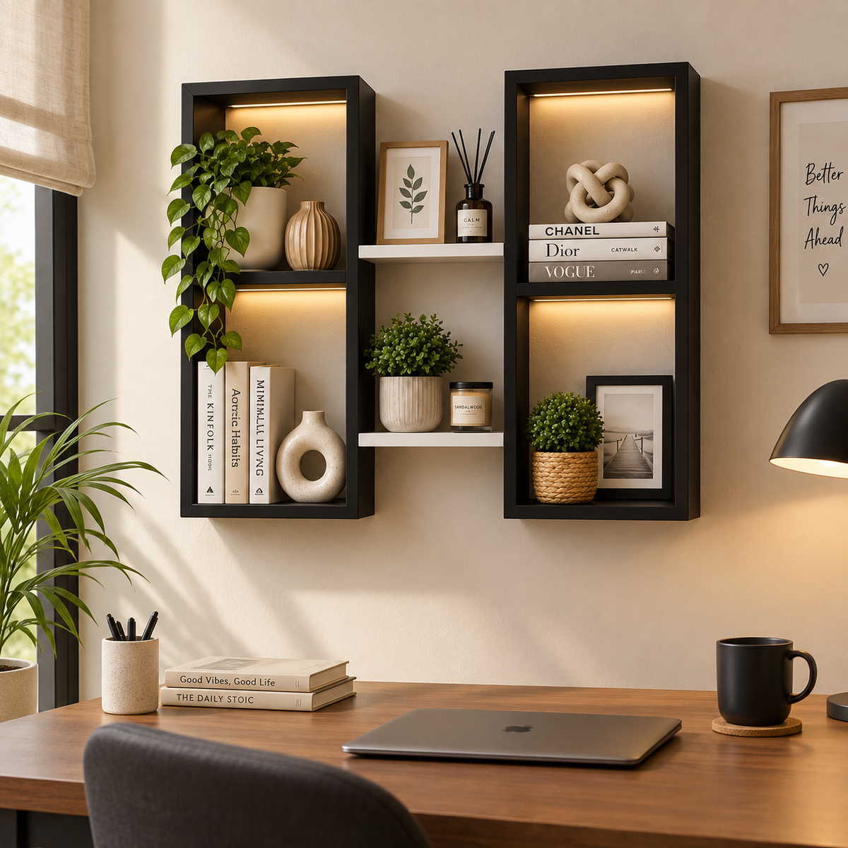 Modern MDF Wooden Wall Shelf | Geometric Grid Wall Shelf for Living Room, Bedroom & Office | Decorative Storage Organizer | Black Wall Rack