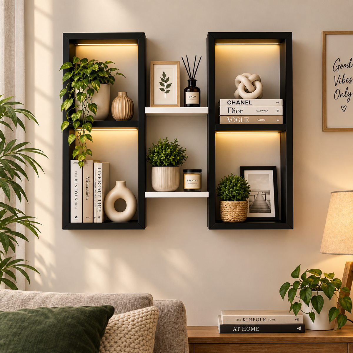Modern MDF Wooden Wall Shelf | Geometric Grid Wall Shelf for Living Room, Bedroom & Office | Decorative Storage Organizer | Black Wall Rack